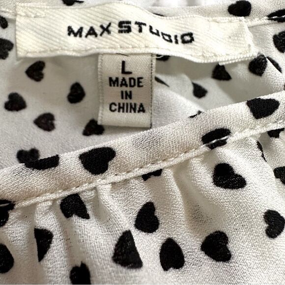 Max Studio Women’s Cream & Black Polka Dot Hearts Long Sleeved Pleated Top SZ L - Picture 5 of 13